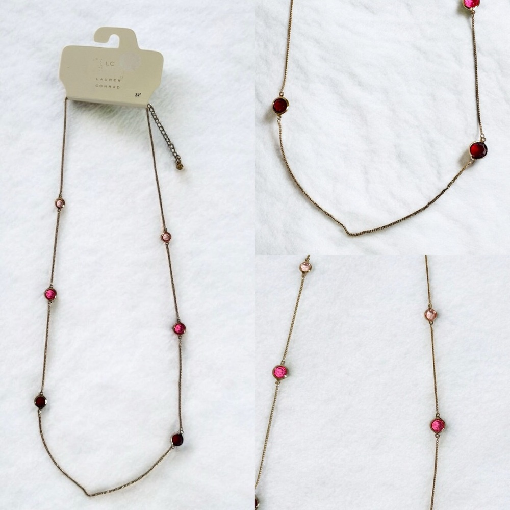 LC Lauren Conrad Long Layering Necklace Pink Red Gemstones Gold Tone 32” NEW